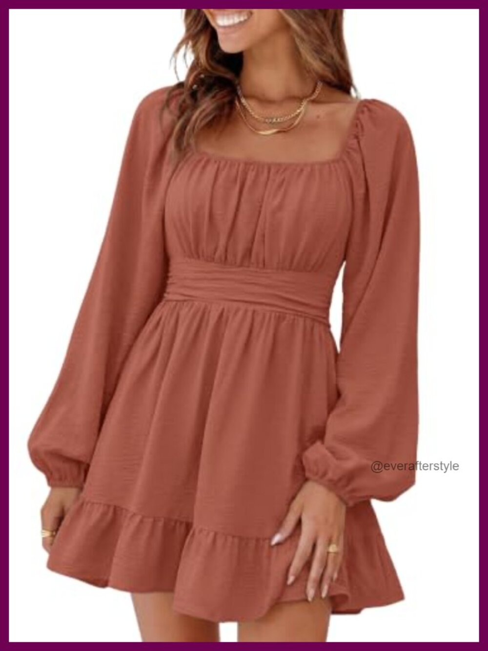Dokotoo Square Neck Lantern Sleeve Smocked Waist Mini Dress
